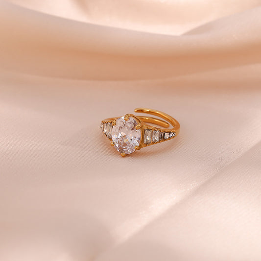 Minimalist Luxe Oval Zirconia Ring in Stainless Steel with Plated Finish for Women