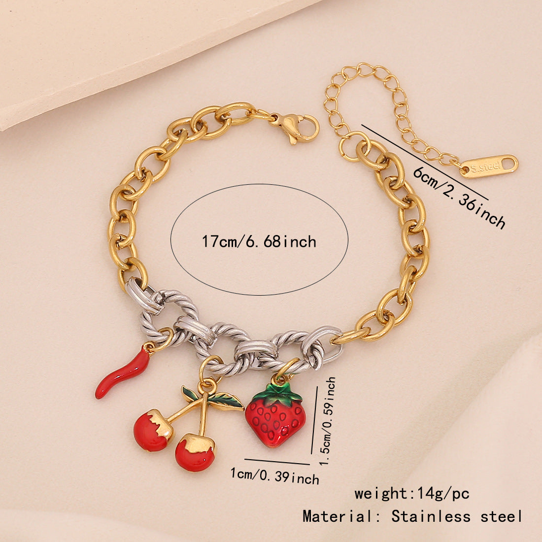 Bracciale da donna in acciaio inossidabile con smalto a forma di frutto, fresco e rustico