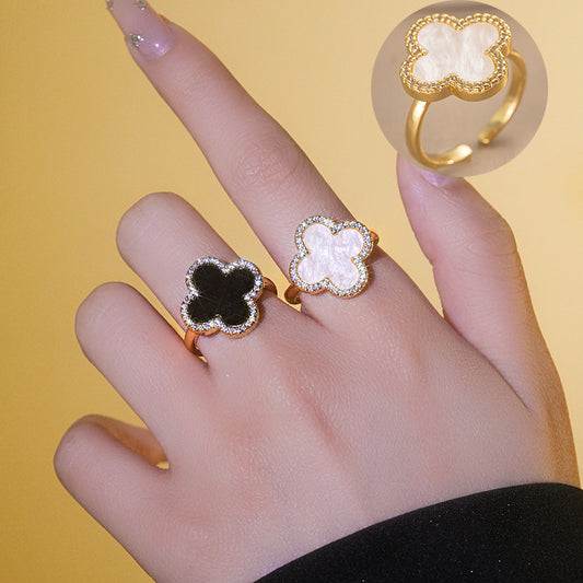 Minimalist Four-Leaf Clover Ring for Women in Copper with 18K Gold Plating and Micro-Pave Zirconia