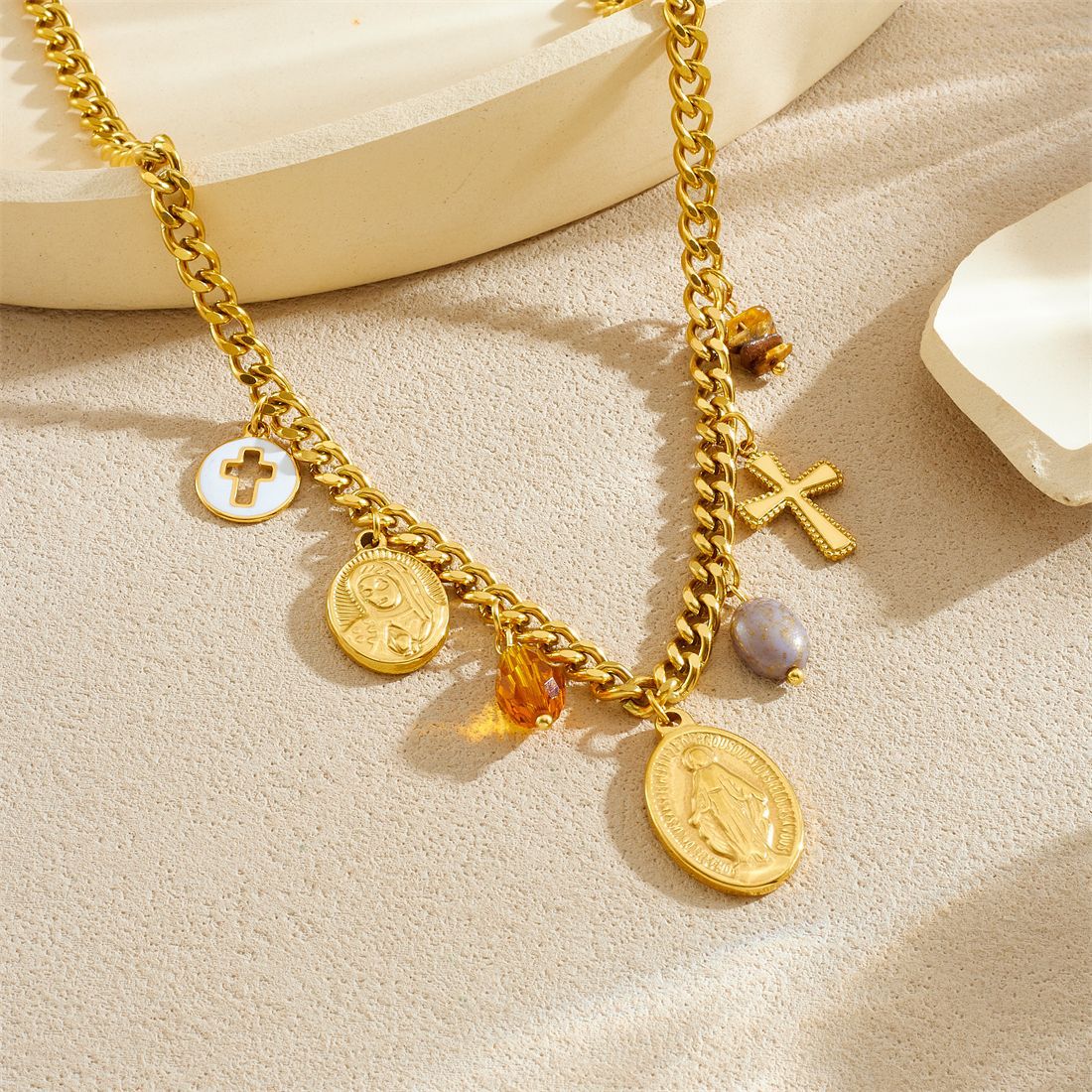 18K Gold Plated Oval Cross Relief Pendant Stainless Steel Serpentine Chain Jewelry Set for Women