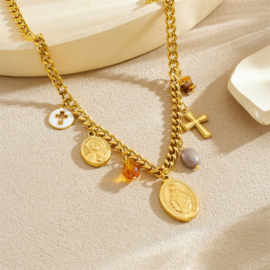 18K Gold Plated Oval Cross Relief Pendant Stainless Steel Serpentine Chain Jewelry Set for Women
