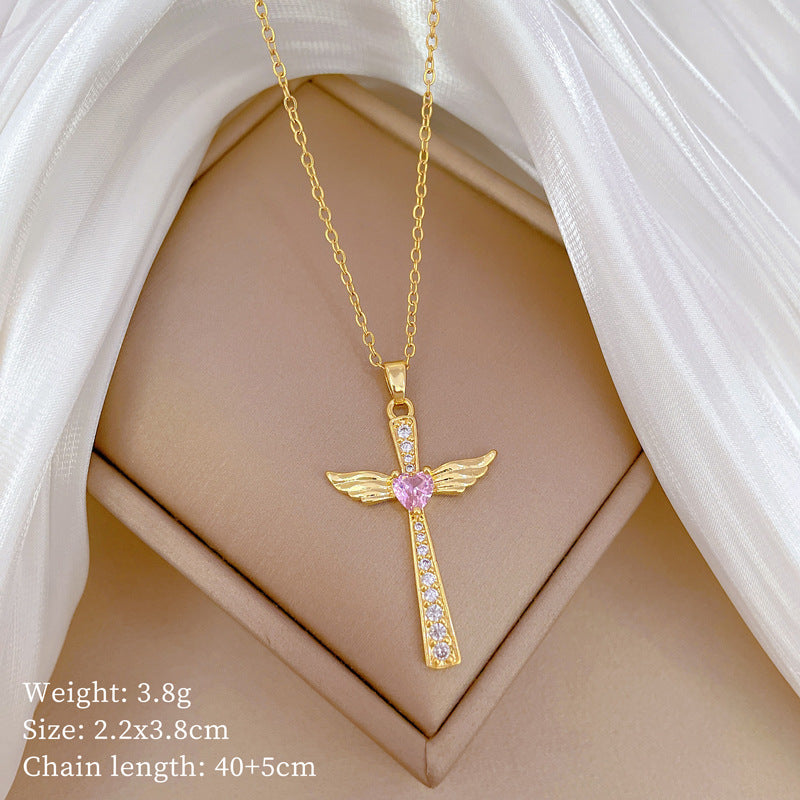 Luxury Titanium Steel Wing Cross Pendant Necklace for Women with Rhinestone Inlay Geometric Design Adjustable Clavicle Chain