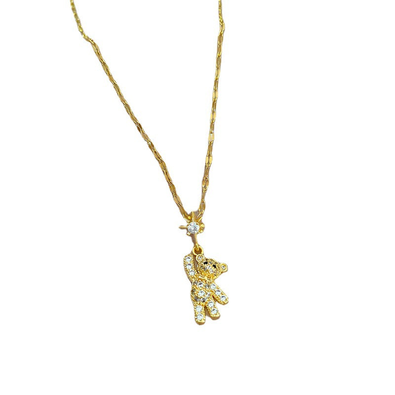 Collana da donna con orso geometrico di lusso intarsiato di strass in acciaio al titanio