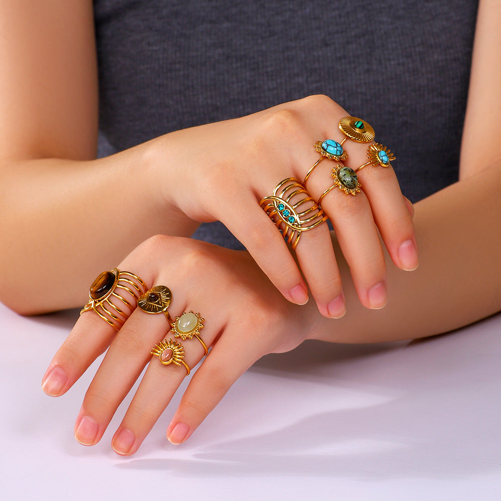 Anello geometrico in acciaio inossidabile stile vintage con placcatura in oro 18 carati e intarsio in pietra naturale da donna