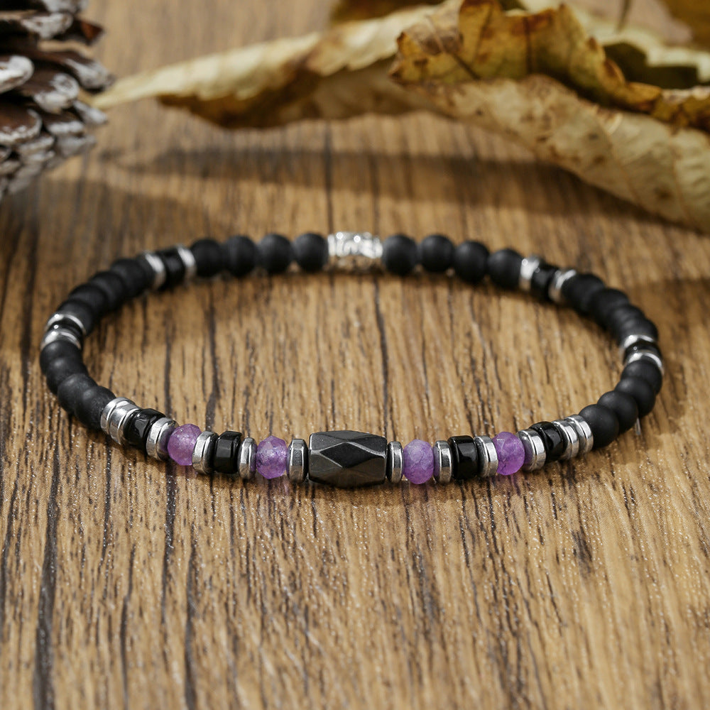 Hip-hop Minimalist Geometric Round Hematite and Black Magic Sand Stone Handmade Beaded Bracelet for Men and Women