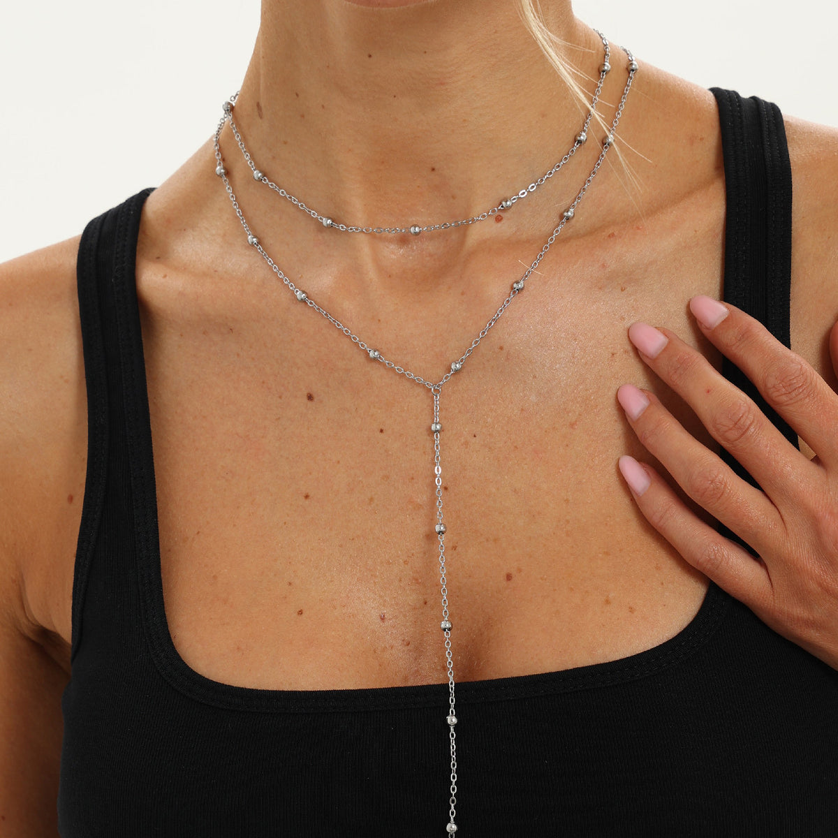 Minimalist 18K Gold Plated Stainless Steel Geometric Round Bead Tassel Y-Shape Necklace for Women