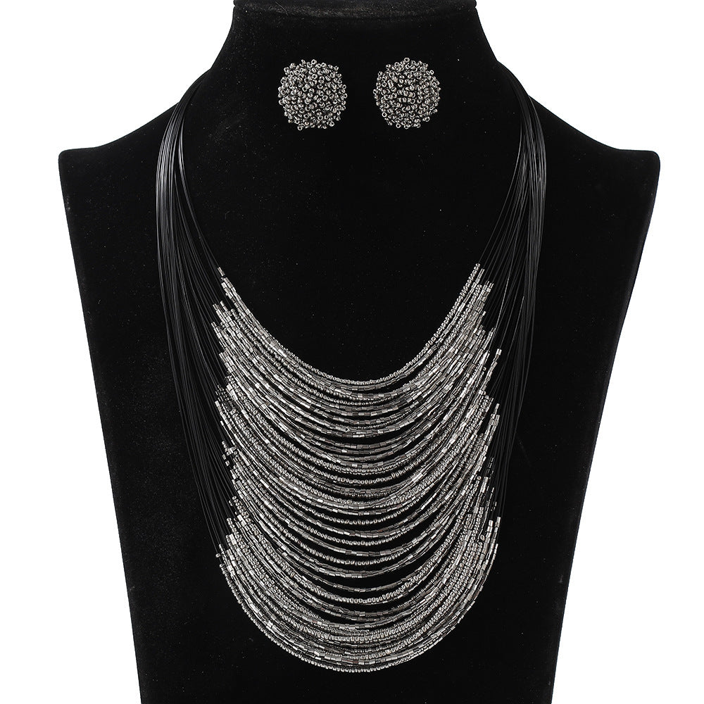 Bohemian Multi-Layer Glass Seed Bead Necklace and Earrings Set for Women with Pearl Chain and Four-Bean Pendant