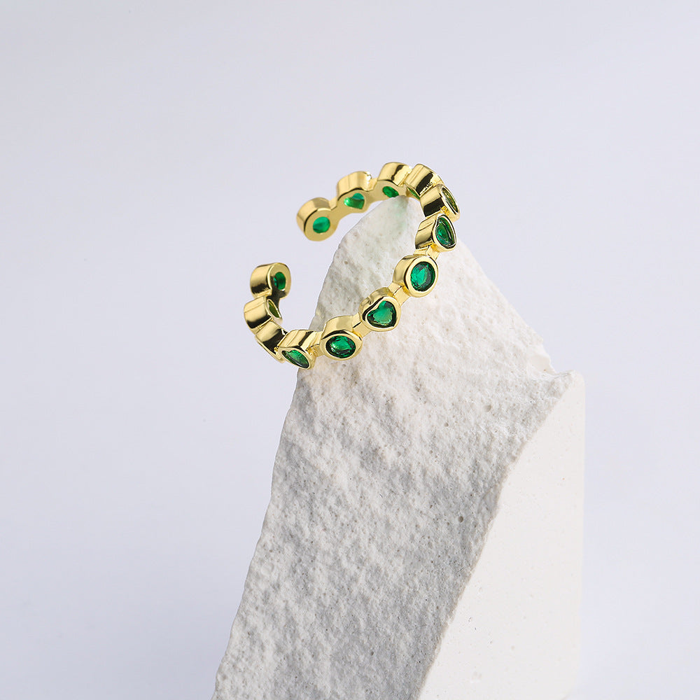 Minimalist Geometric Copper Ring with 18K Gold Plating and Micro-Paved Green Zirconia for Women