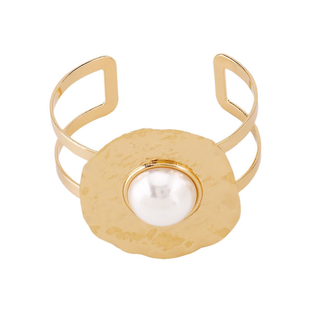 Elegante Bracciale Rigido Aperto Geometrico da Donna con Base in Ferro e Intarsio di Perle Simulate