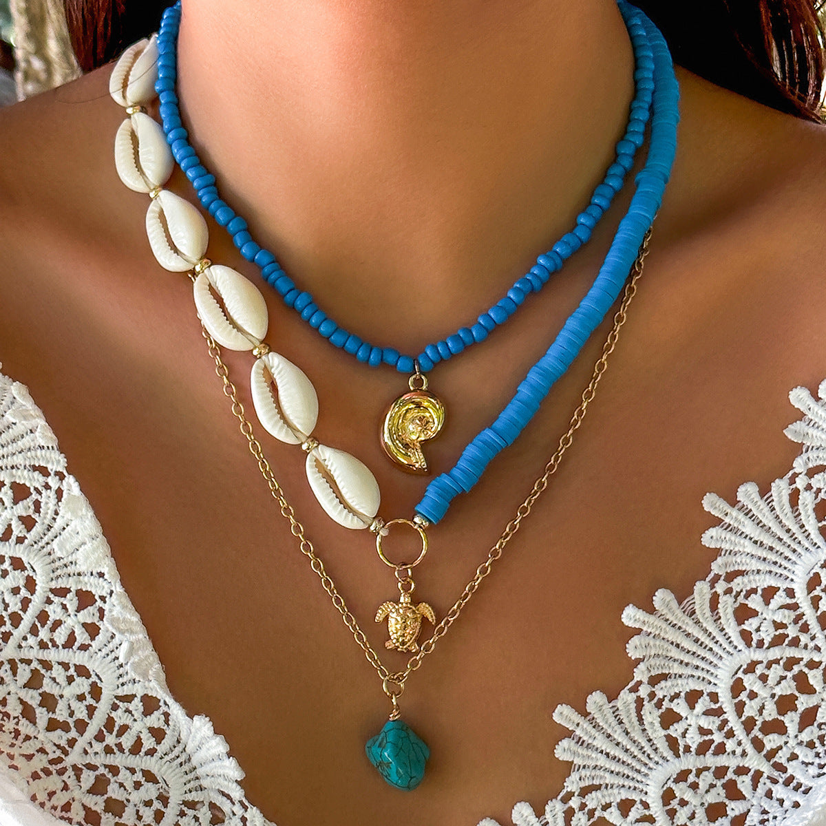Collana Bohemien Floreale Placcata in Lega con Perle Imitazione e Intarsi in Conchiglia da Donna
