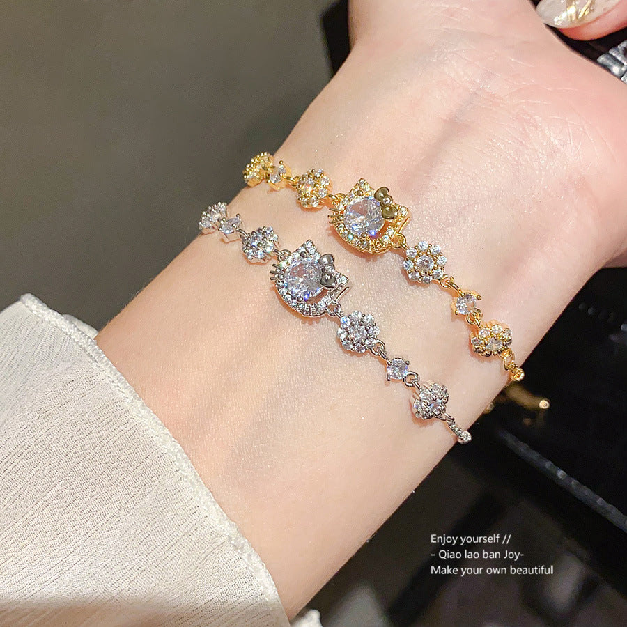 18K Gold Plated Cubic Zirconia Cat Animal Brass Bracelet Vintage Luxury Elegant Women's Jewelry