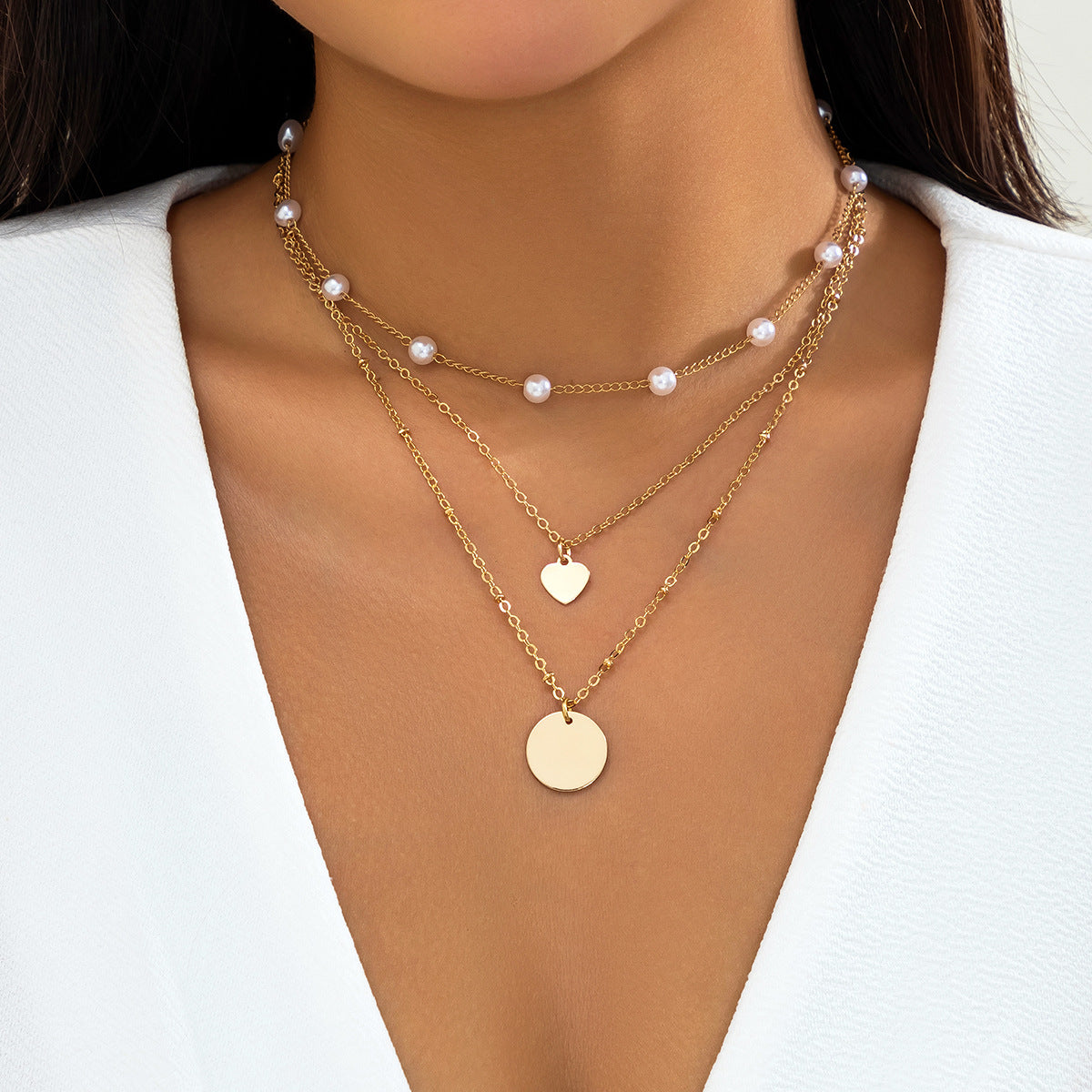 Minimalist Multi-Layer Curb Chain Necklace with Geometric Round Alloy Pendant for Women