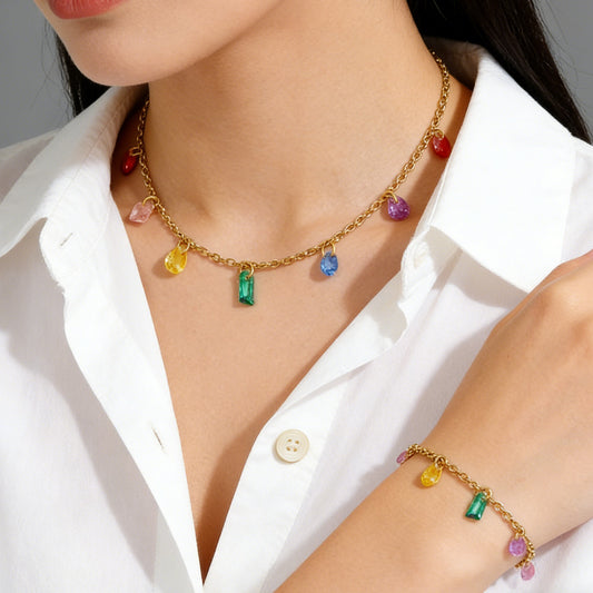 Luxury Geometric Stainless Steel and Titanium Steel Necklace and Bracelet Set with Cubic Zirconia 18K Gold Plated for Women