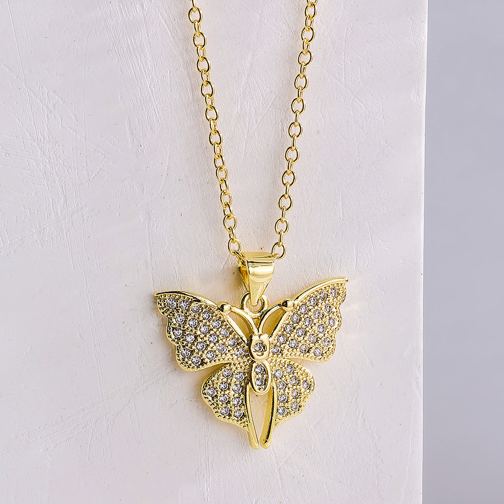 Minimalist Butterfly and Dragonfly Pendant Necklace for Women in Copper with 18K Gold Plating and Micro-Pave Zirconia