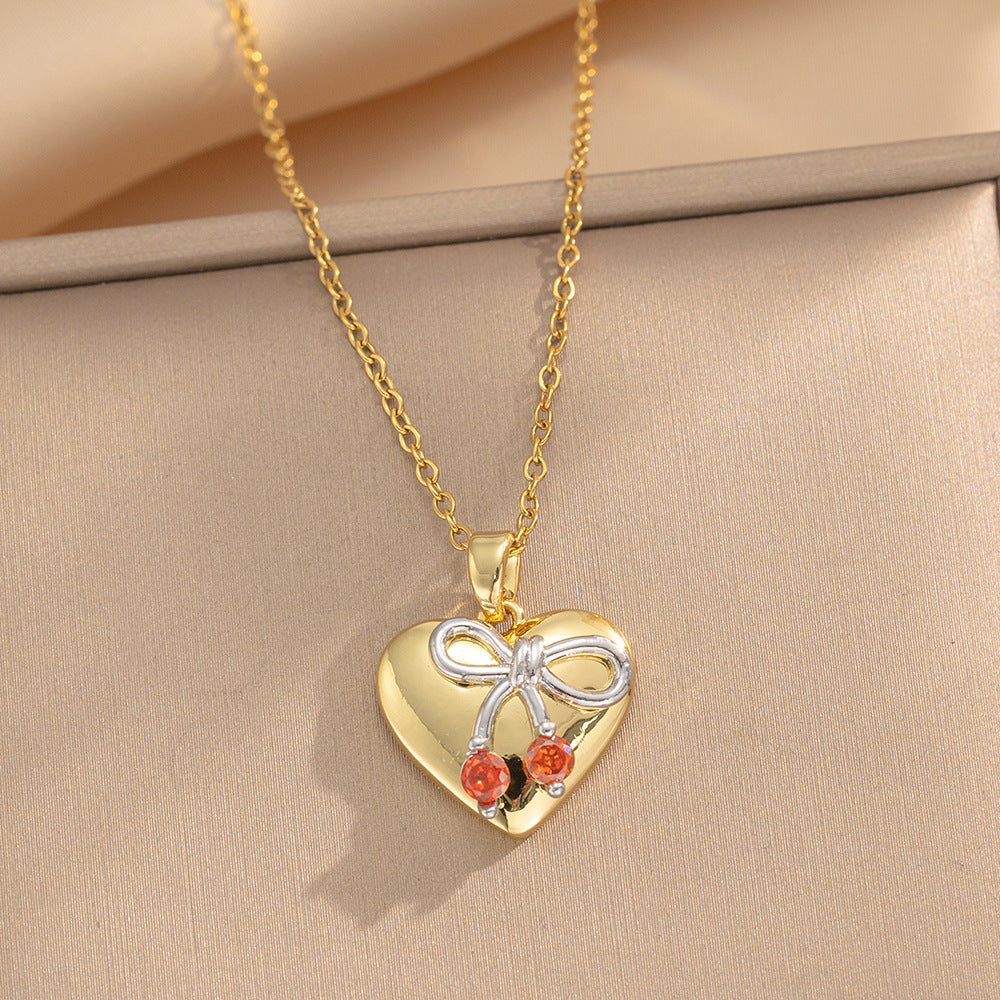 Collana Minimalista a Cuore in Acciaio al Titanio con Ciondolo a Ciliegia Rossa, Catena a Serpente Placcata Sottovuoto per Donna
