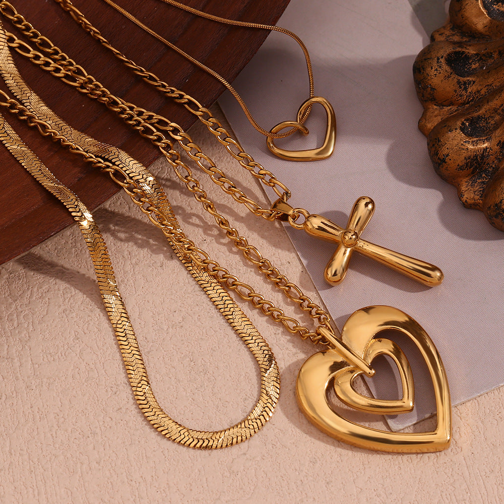 Minimalist Fashion Stainless Steel Plated 18K Gold Hollow Heart and Cross Pendant Necklace for Women
