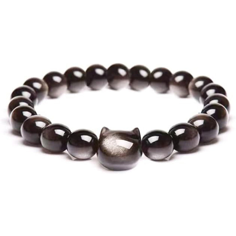 Sweet Animal Cat Obsidian Pink Crystal Bracelet for Unisex