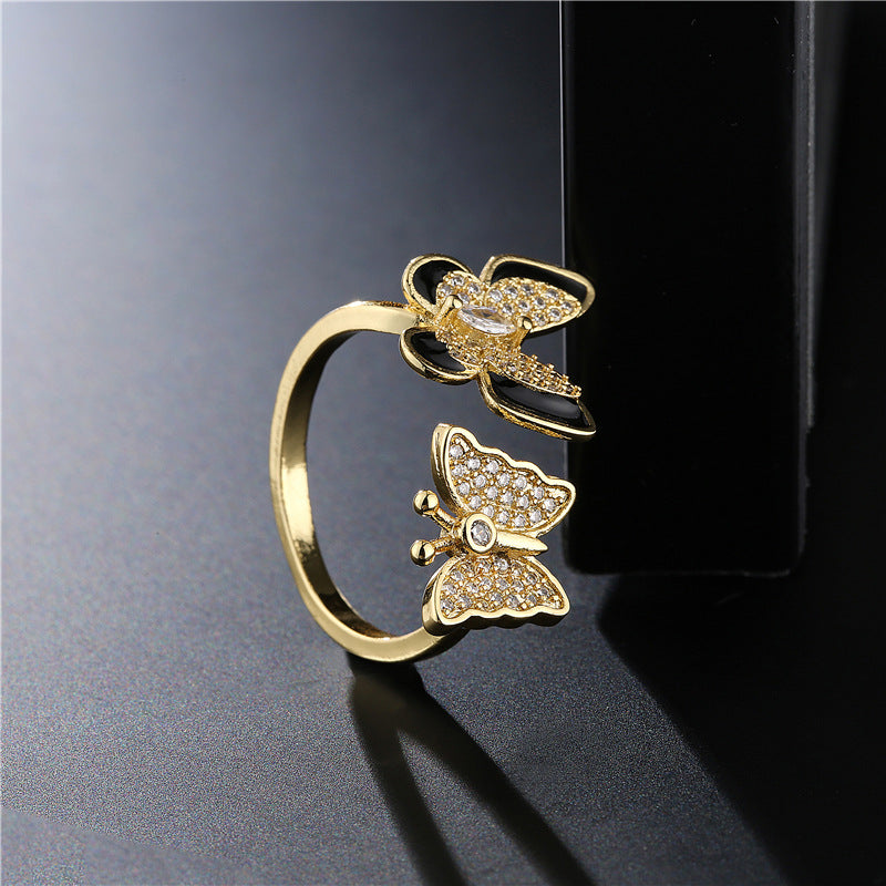 Gold Plated Brass Micro-Inlaid Cubic Zirconia Drip Oil Butterfly Open Ring for Women