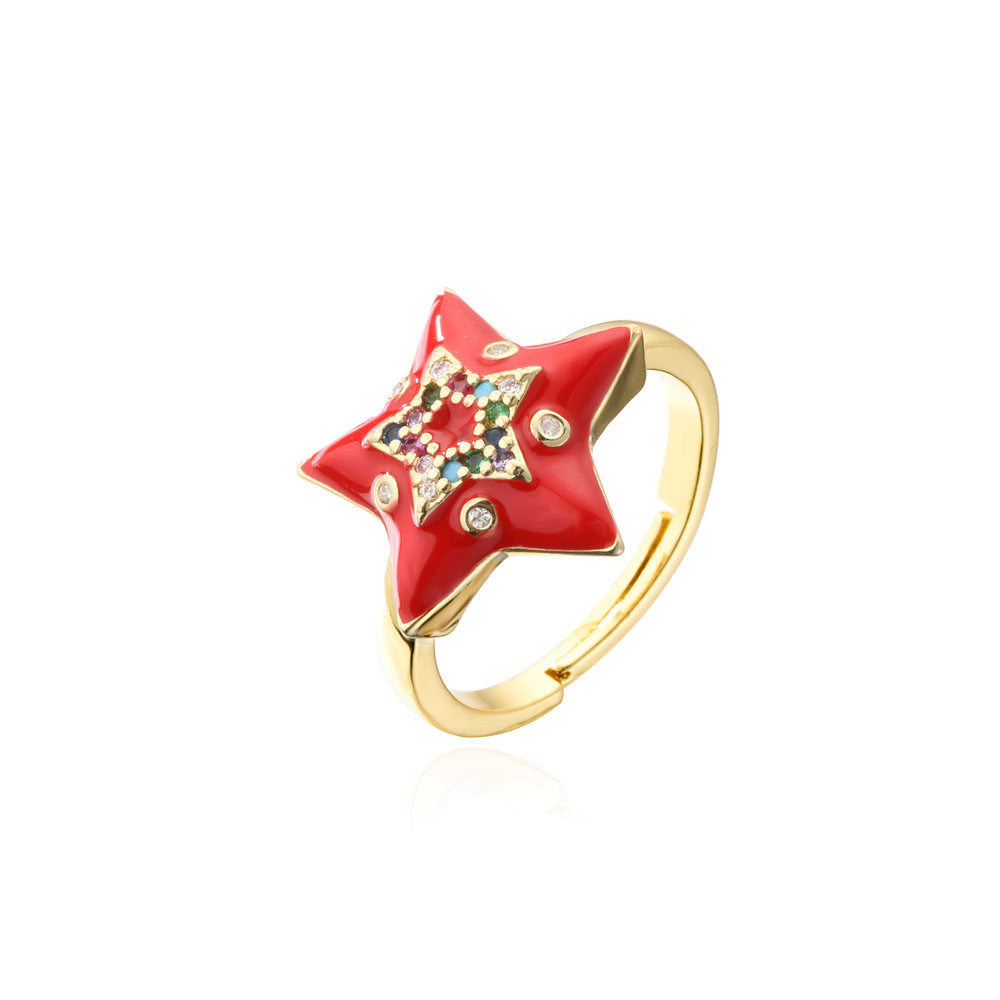 Fashion 18K Gold Plated Brass Drip Oil Cubic Zirconia Star Ring for Women