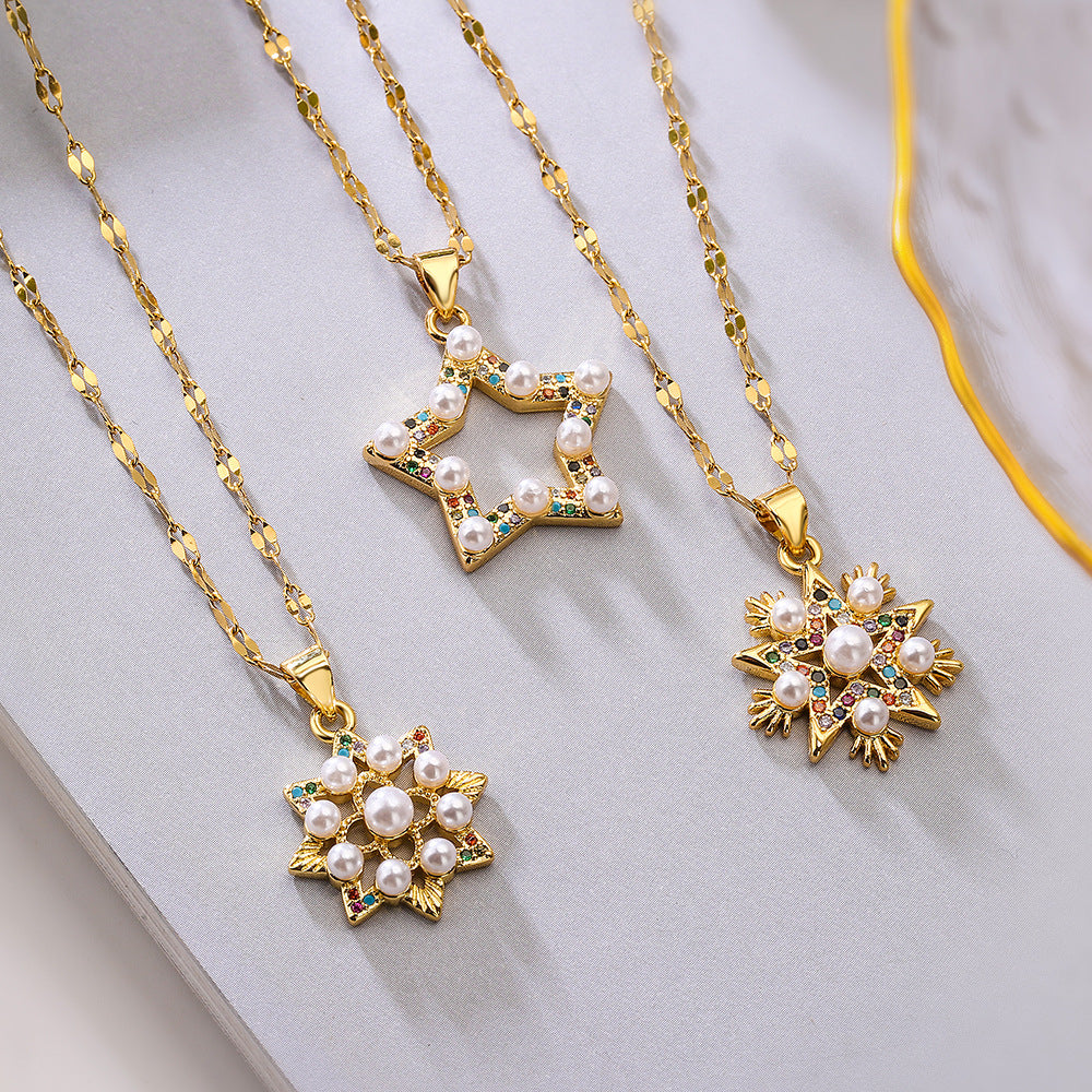 Minimalist Geometric Five-Pointed Star Pendant Necklace for Women with Zircon and Pearl Accents on Copper Chain