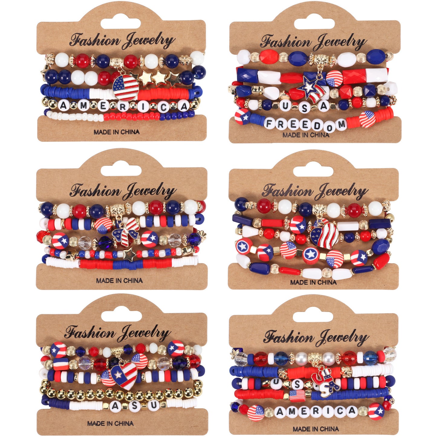 Unisex Red White Blue Resin Crystal Beaded Bracelet with Floral Pattern