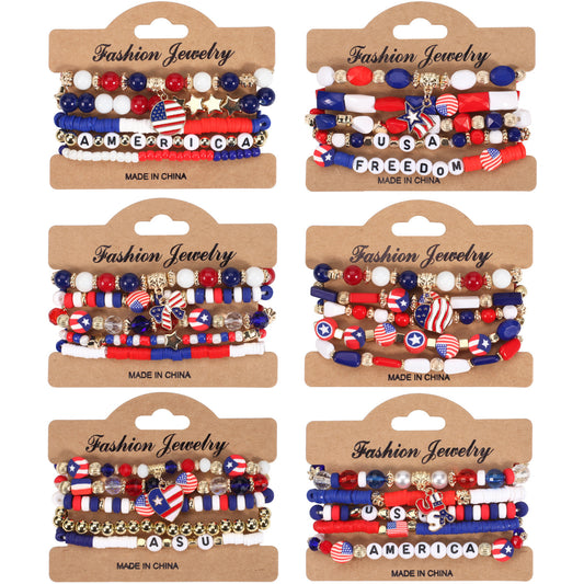 Unisex Red White Blue Resin Crystal Beaded Bracelet with Floral Pattern