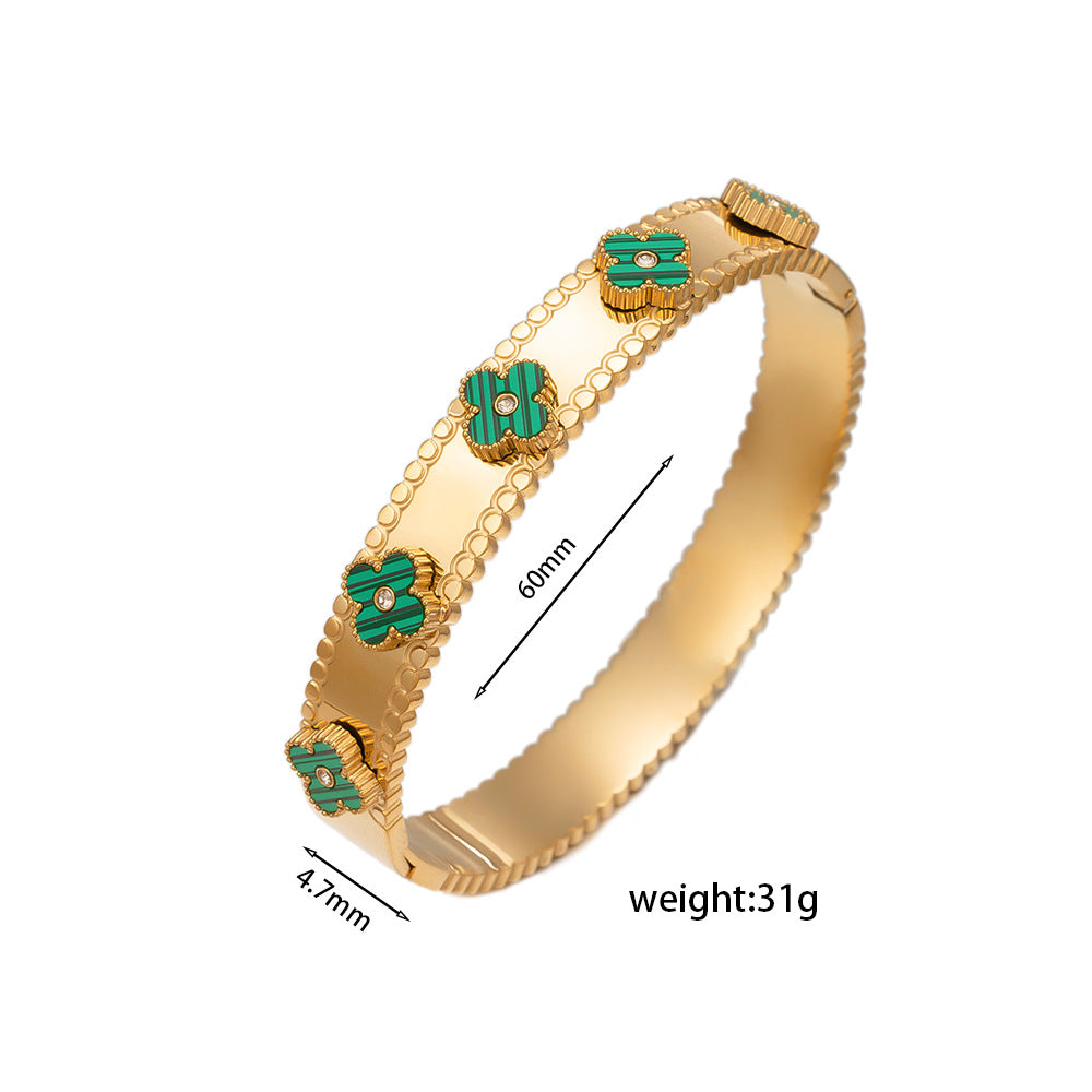 Bracciale a quadrifoglio minimalista da donna in acciaio al titanio con intarsio di strass e placcatura anti-ossidazione
