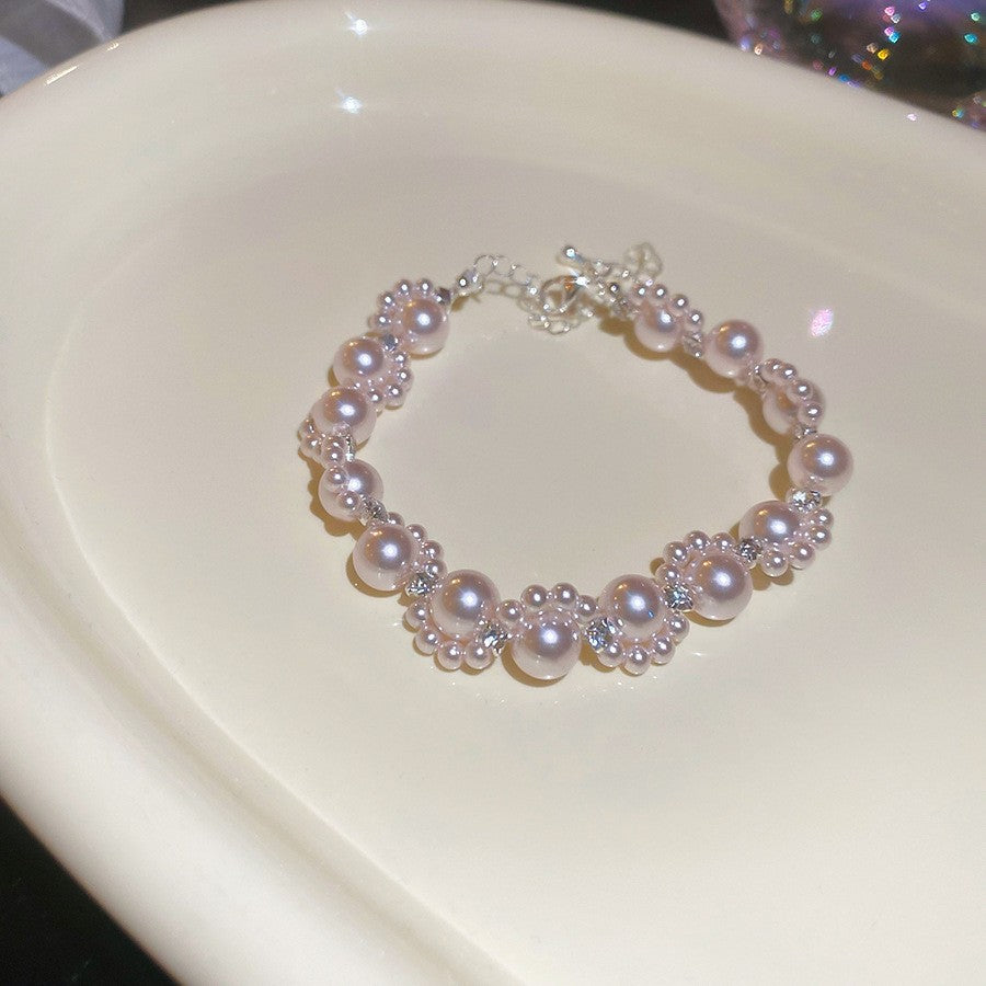 Elegante pulsera geométrica de perlas para mujer con detalles de pedrería, acabado chapado, estilo minimalista para oficina, joyería de lujo para uso diario