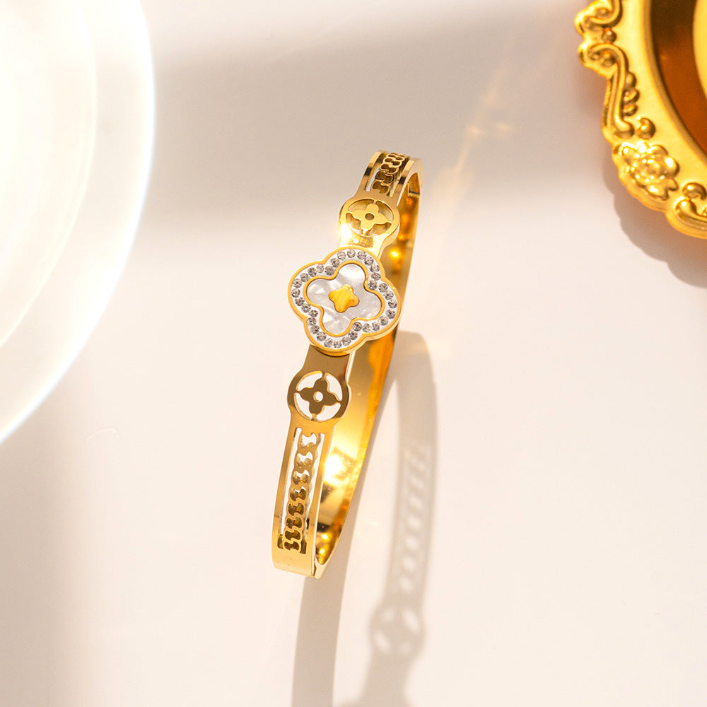 Bracciale Minimalista in Acciaio Inossidabile da Donna con Placcatura in Acciaio al Titanio e Intarsio di Strass a Forma Geometrica Ovale