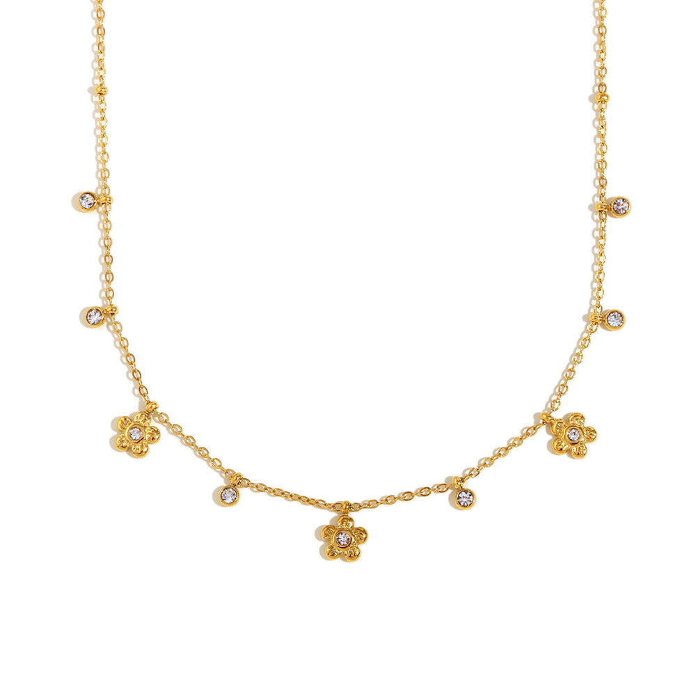 Minimalist Floral Pendant Necklace with Zircon Accents, Stainless Steel Base and 18K Gold Plating for Women