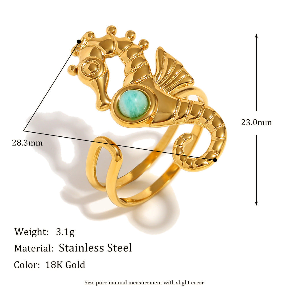 Fashionable Unisex Seahorse-Shaped Stainless Steel Ring with 18K Gold Plating and Ruby Accent