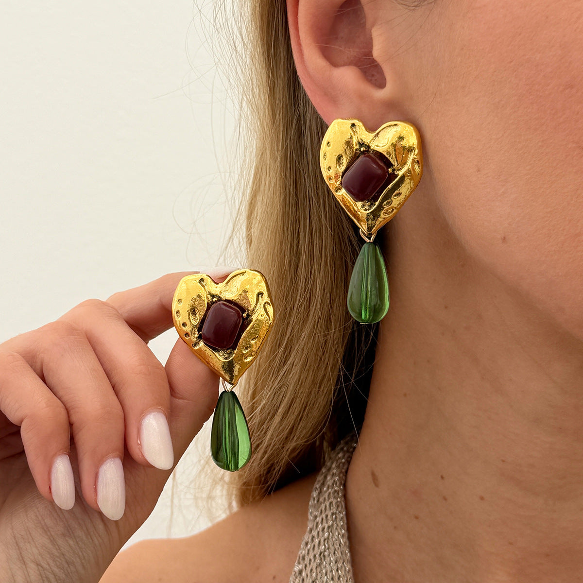 Geometric Heart Gemstone Inlay Alloy Plated Earrings for Women