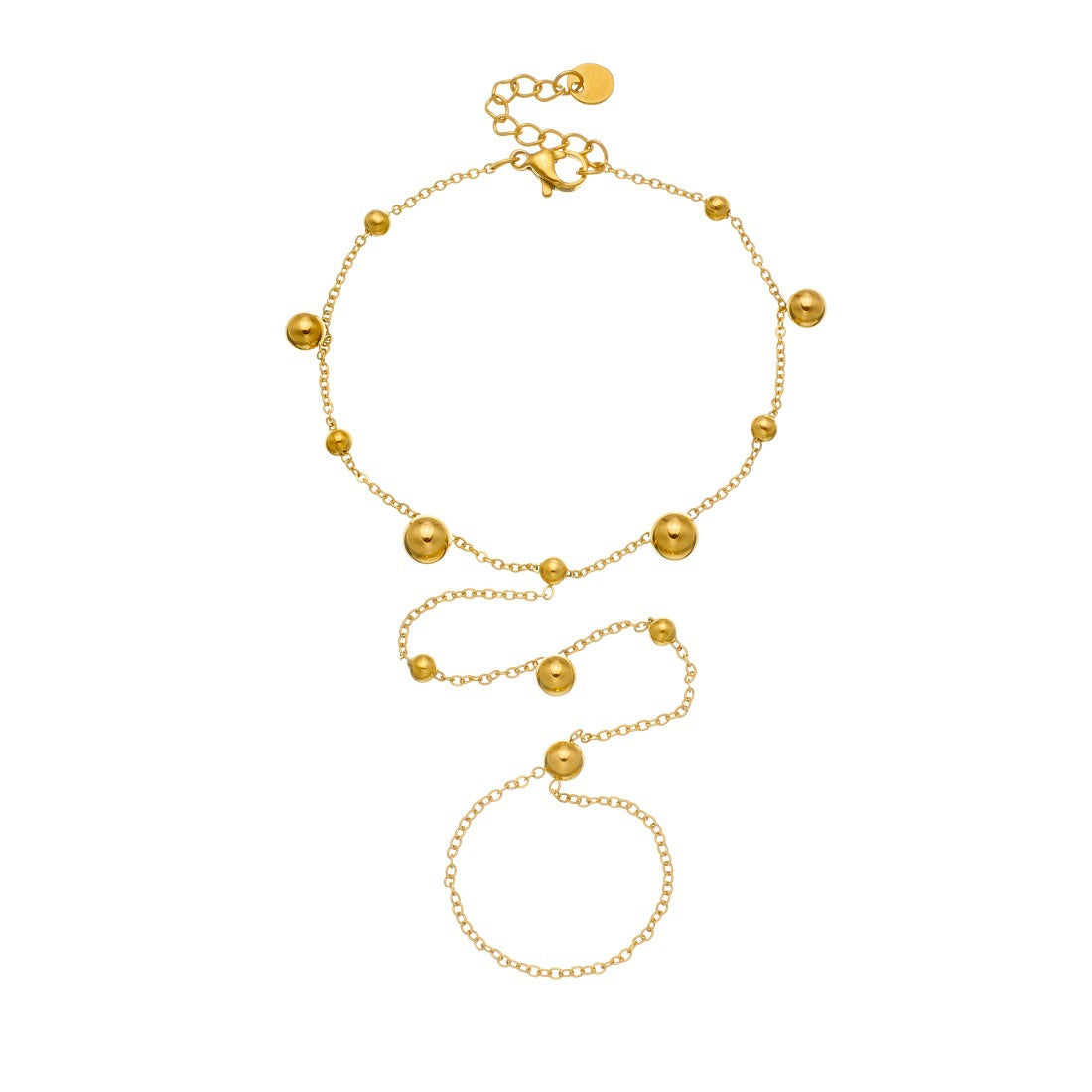 Sweet Gold Plated Stainless Steel Geometric Round Bead Long Tassel Hand Chain for Women