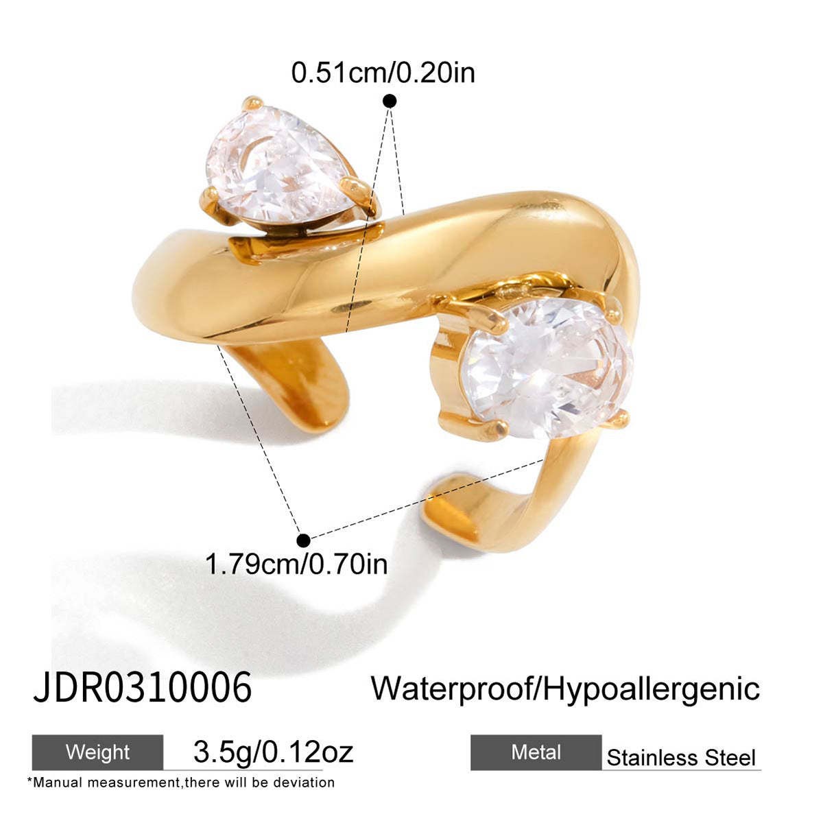 Anello Geometrico Minimalista in Acciaio Inox da Donna con Accenti in Zirconia, Placcato Oro PVD Sottovuoto, Ipoallergenico e Resistente allo Sbiadimento