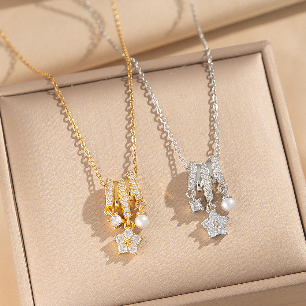 Minimalist Five-Petal Flower Pendant Necklace in Titanium Steel with Zircon and Pearl Accents on O-Chain for Women