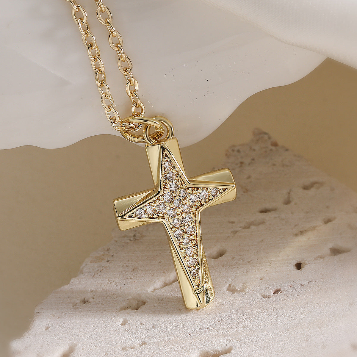 Minimalist 18K Gold Plated Brass Cross Pendant with Cubic Zirconia for Women