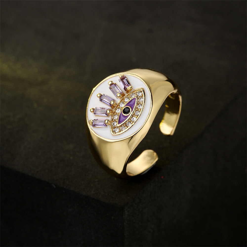 Geometric Brass Gold Plated Ring with Cubic Zirconia and Drip Oil Eye Design for Women