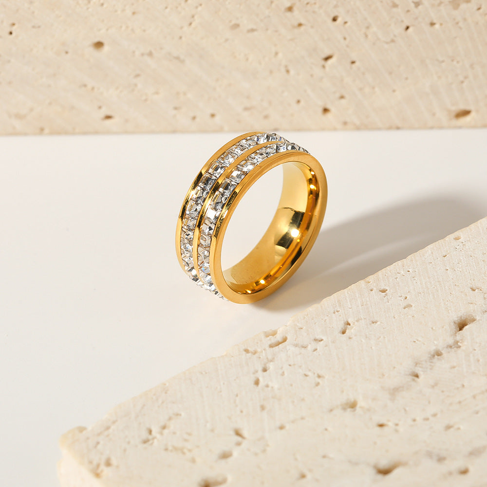 INS Style Geometric Titanium Steel Ring with 18K Vacuum Plated Finish and Double-Layer Round Zirconia Inlay for Women