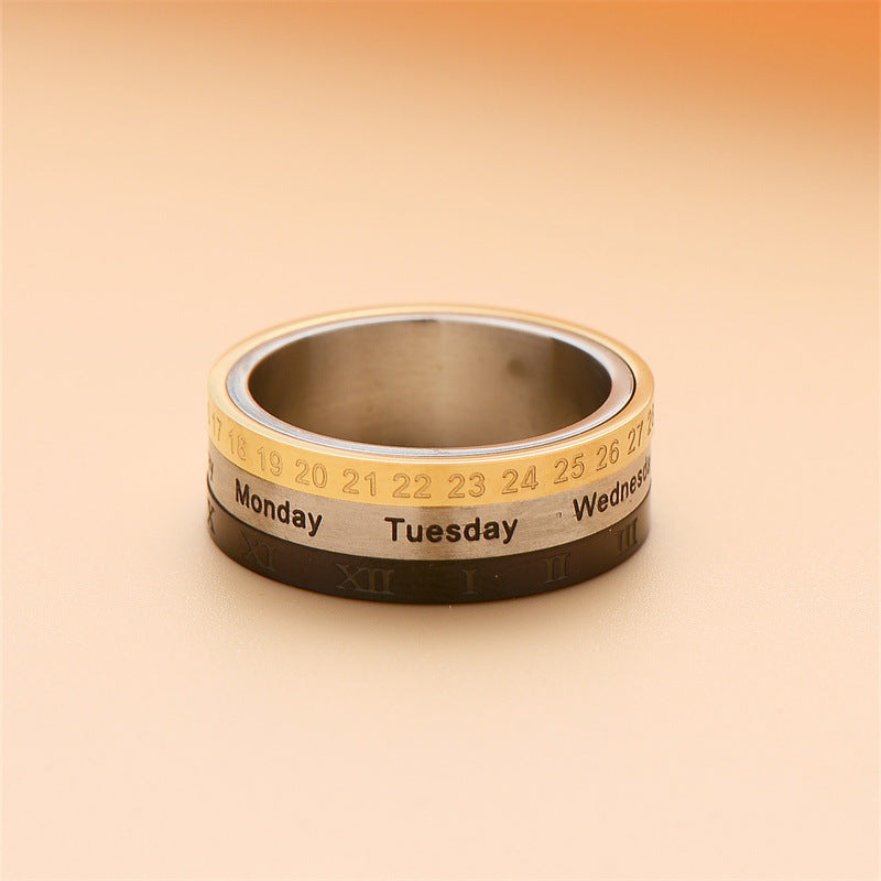 Titanium Steel Calendar Ring with Roman Numerals for Men and Women