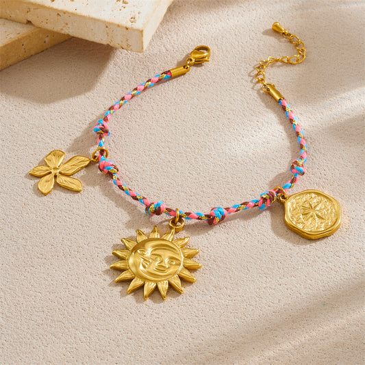 Minimalist Gold Plated Stainless Steel Floral Sun Round Pendant Bracelet