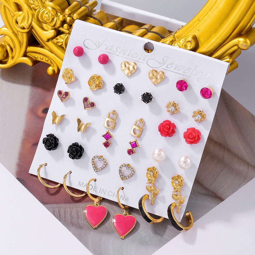Geometric Butterfly Heart Rose Pearl Rhinestone Drip Oil Plated Alloy Earrings