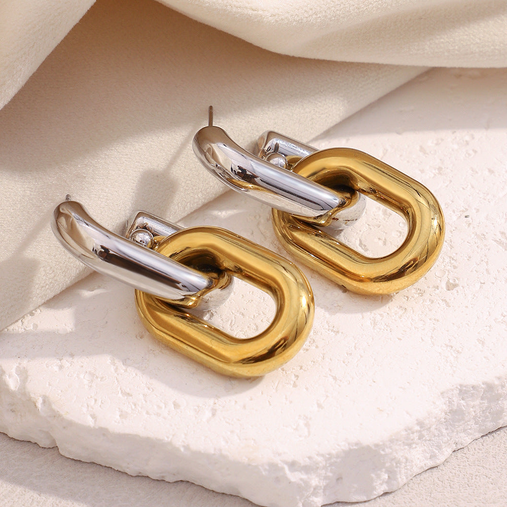Orecchini a perno da donna a catena pendente vuota, in acciaio inossidabile con placcatura in oro 18 carati e accento in zircone, geometrici d'ispirazione vintage