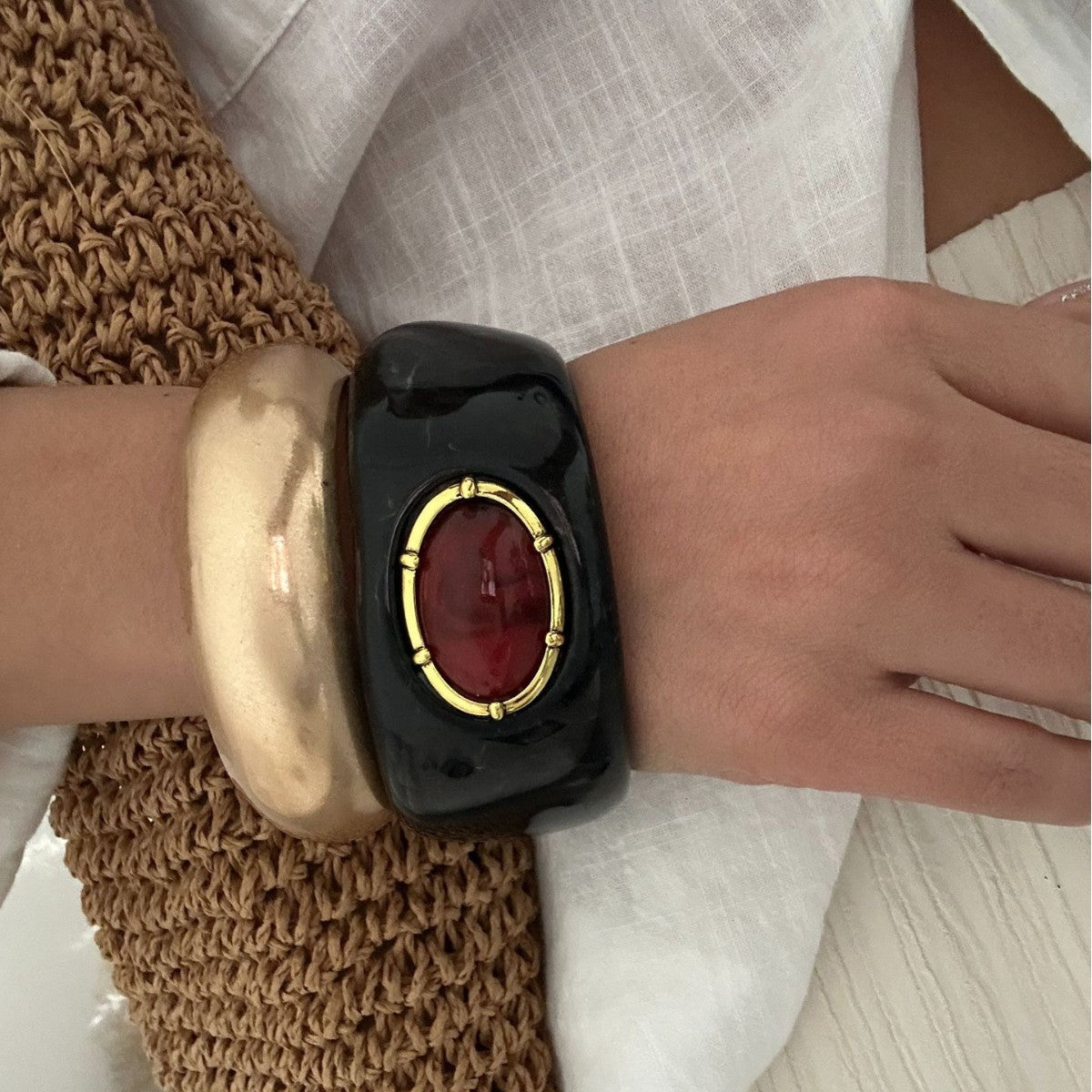 Bohemian Ethnic Round Oval Geometric Rhinestone Turquoise Inlay Plated Resin Bracelet