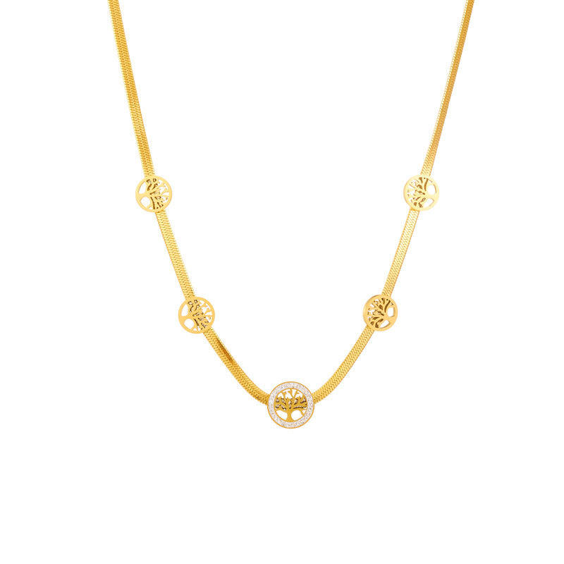 Collar con Colgante Redondo Hueco Minimalista Vintage del Árbol de la Vida en Acero de Titanio con Acabado Chapado en Cadena de Serpiente para Mujer