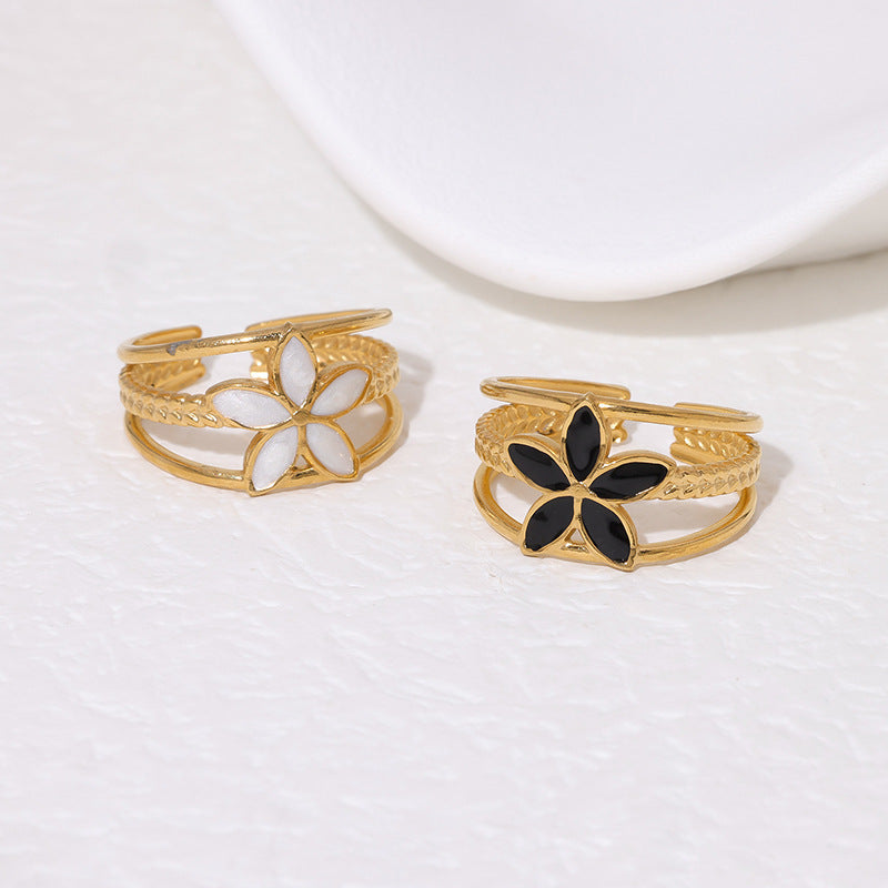 Minimalist Vintage Floral Enamel Titanium Steel Open Ring for Women with Plated Finish