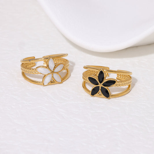 Anello Aperto Minimalista Vintage in Acciaio al Titanio con Fiori Smaltati e Finitura Placcata per Donna