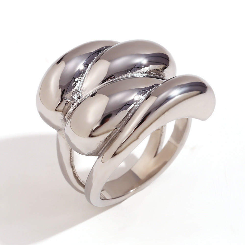 Anello da donna creativo in acciaio inossidabile geometrico placcato oro 18 carati con design a goccia a onda