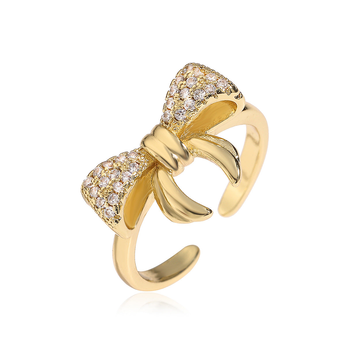 Minimalist Bowknot-Shaped Open Ring for Women Made of Copper with Micro-Pave Zirconia Accents