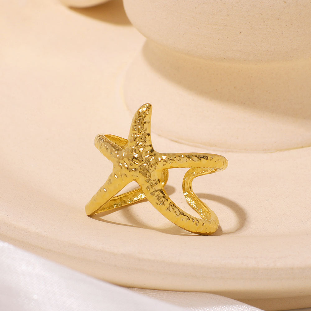 Minimalist Star-Shaped Stainless Steel Ring with Textured Ocean-Inspired Surface Design for Women and Men