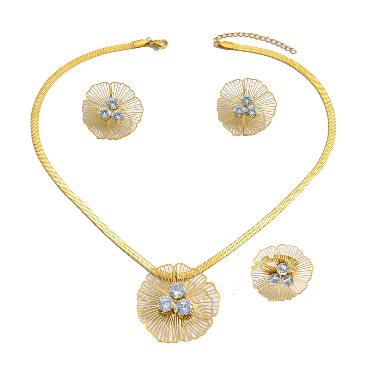 Set di collana e orecchini in rame floreale minimalista con zirconi intarsiati da donna